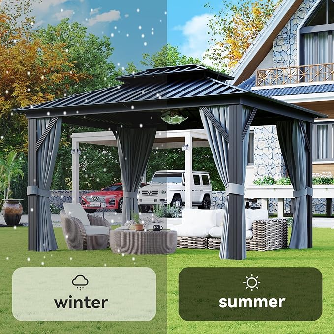 Aoxun 10'x12' Hardtop Gazebo, Aluminum Frame Canopy with Double Galvanized Steel Roof, Outdoor Metal Pavilion with Netting, and LED Outdoor Waterproof Hanging Lights Aoxun