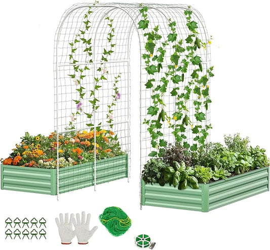 DoCred 3 in 1 Raised Garden Bed with 87in Tall Arch Trellis for Climbing Plants, Galvanized Planter Garden Box Outdoor for Gardening, Climbing Vegetables, Flower, Green DoCred
