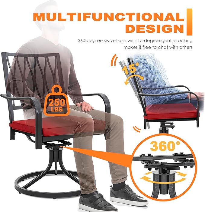 NUU GARDEN 7 Piece Outdoor Dining Set Rectangle Iron Patio Table with Umbrella Hole and 6 Swivel Chairs with Cushions Outdoor Furniture Set for Garden Backyard Black and Red NUUGARDENCORPORATION