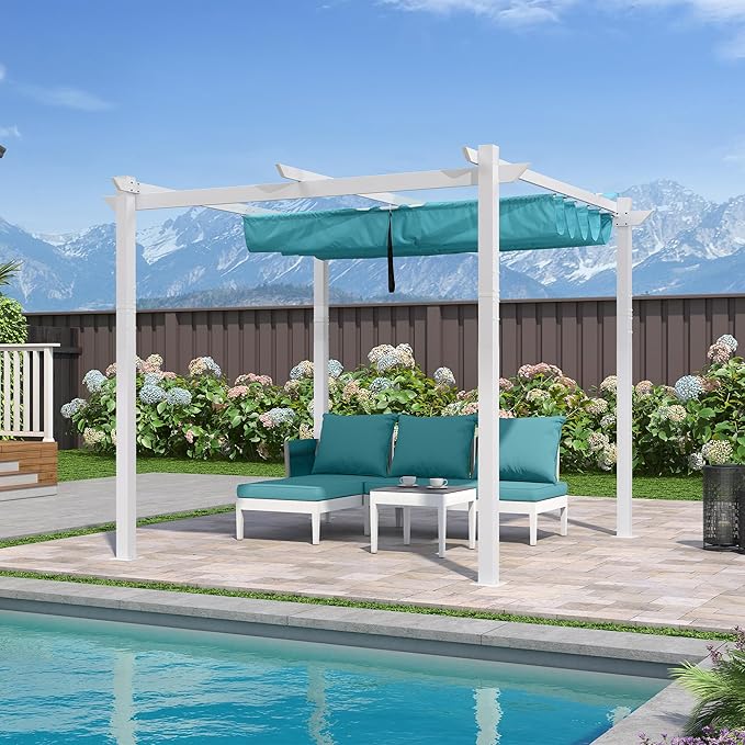 PURPLE LEAF 10' x 10' Aluminum Outdoor Pergola White Wind-Resistant Retractable Pergola with Double Sun Shade Canopy Heavy-Duty Metal Pergola for Patios Backyard Deck Garden, Blue Rootora