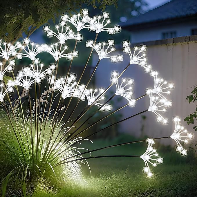 JJGoo Solar Garden Lights, New Upgraded 2 Pack Solar Swaying Starburst Light, Waterproof Fireworks Outdoor Lights, Yard Patio Pathway Decoration, White JJGoo