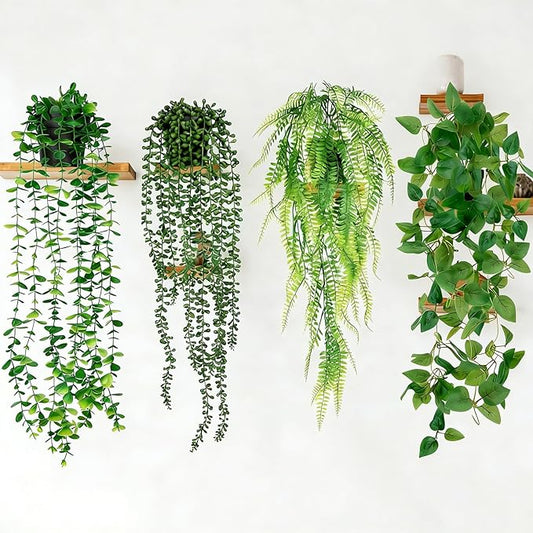 4 Pack Artificial Plants Wall Hanging Fake Plants Indoor for Shelf Boho Faux Eucalyptus Ivy Vine House Plants for Living Room Wall Backdrop Outdoor Decor LumBelle