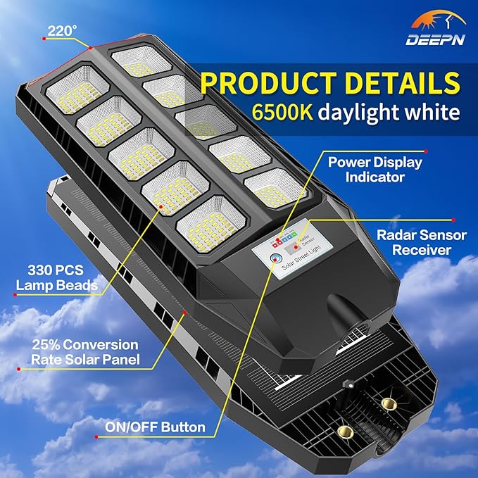 Solar Lights Outdoor, IP66 Waterproof Street Lights Outdoor, 6500K Dusk to Dawn Solar Security Flood Lights Motion Sensor with Remote Control for Yard, Entryway Garage, Porch 4 Pack DEEPN