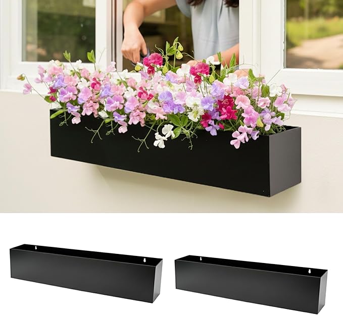 LaLaGreen Outdoor Wall Planters (30 Inch, 2 Pack) Carbon Steel Black Metal Hanging Flower Pots for Succulents, Wall Mount Rectangular Long Window Sill Box Fence Floating Shelf for Modern Garden Decor L%C3%A1L%C3%A1Green