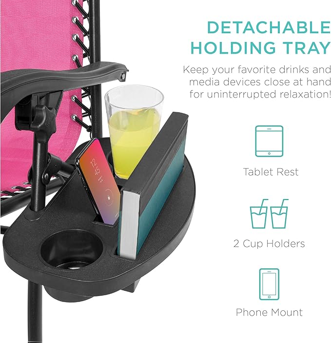 Best Choice Products Set of 2 Adjustable Steel Mesh Zero Gravity Lounge Chair Recliners w/Pillows and Cup Holder Trays - Pink BestChoiceProducts