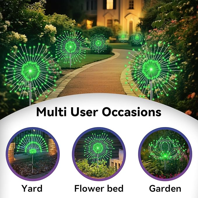 Garden Outdoor Lights, 2 Pack 120 LED Solar Garden Lights Fairy Lights Outdoor Waterproof Decorative Solar Firework Lights for Yard Patio Pathway Flowerbed Party Wedding Decor, Green Slyuexu