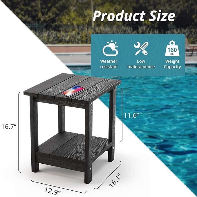 LUE BONA Adirondack Outdoor Side Table, 2-Tier Black HDPS Patio End Table Weather Resistant, Morden Side Table for Patio, Pool, Porch LUEBONA