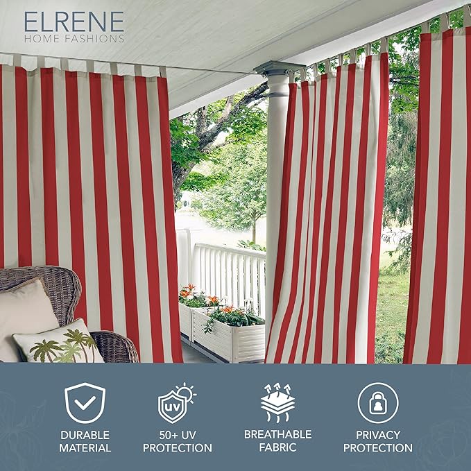 Elrene Home Fashions Highland Stripe Indoor/Outdoor Curtain Panel, 50 inches X 84 inches, Red ElreneHomeFashions