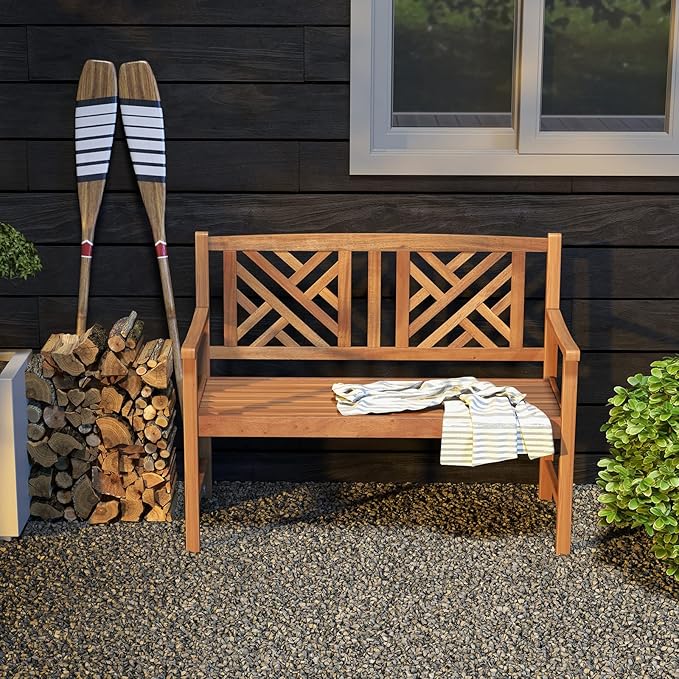 Giantex Outdoor Wooden Garden Bench - 2-Person Acacia Wood Loveseat with Armrests, Backrest, 800lbs Capacity, Patio Park Bench for Backyard, Front Porch Bench (Non-Foldable) Giantex