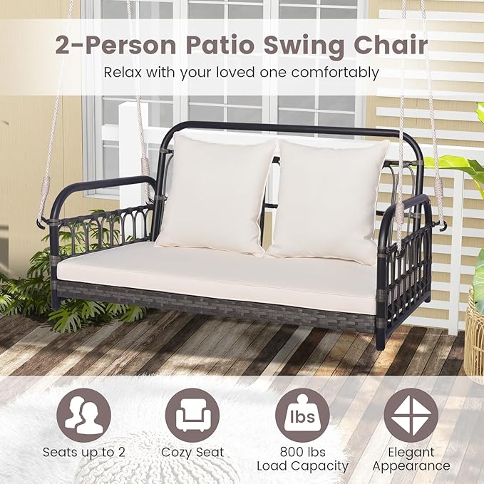 Tangkula Outdoor Wicker Porch Swing, 2-Person Hanging Seat with Seat & Back Cushions, Heavy-Duty Metal Frame & 2 Sturdy Hanging Ropes, Wicker Woven Swing Loveseat for Front Porch TANGKULA