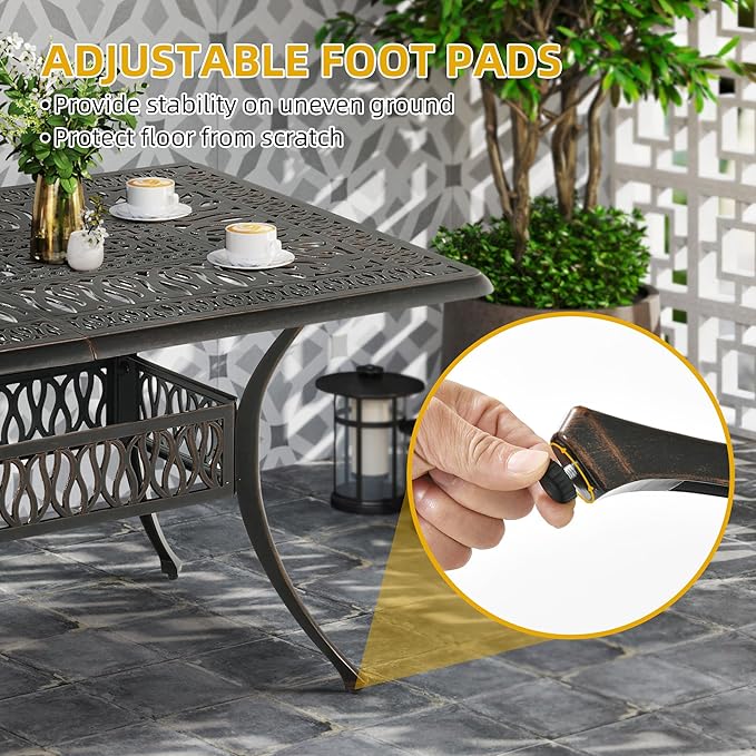 DWVO Cast Aluminum Outdoor Dining Table, 59'' Patio Table w/Max Bearing 220 LBS, Patio Dining Table with 2" Umbrella Hole and Adjustable Foot Pads for Garden, Backyard, Deck and Patio, Bronze DWVO