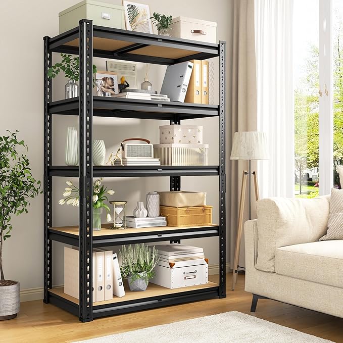Set of 2 Storage Shelves 5 Tier Garage Shelving Heavy Duty Metal Shelving 2020LBS Adjustable Metal Shelf 59.8" H Pantry Shelf for Garage Pantry Closet Kitchen Basement 28"W x 12"D x 59.8"H,2 Pack REIBII
