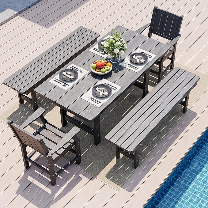 Pamapic 5 PCS Outdoor Dining Set, Spacious HDPE Outdoor Table and Chairs with 2 Bench, Wood Grain Patio Furniture Sets with Elegant Armrest, All-Weather Outdoor Furniture with Umbrella Hole, Gray Pamapic