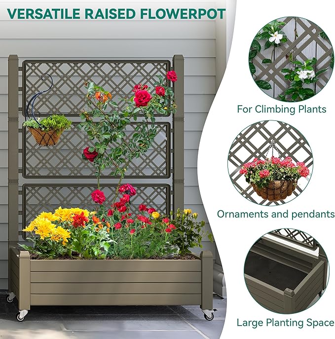 YITAHOME 3.6x1.5x5 FT Planter Box Trellis with Wheels, Large Outdoor Plastic Raised Garden Bed with Drain Plug for Climbing Plants, Light Brown YITAHOME