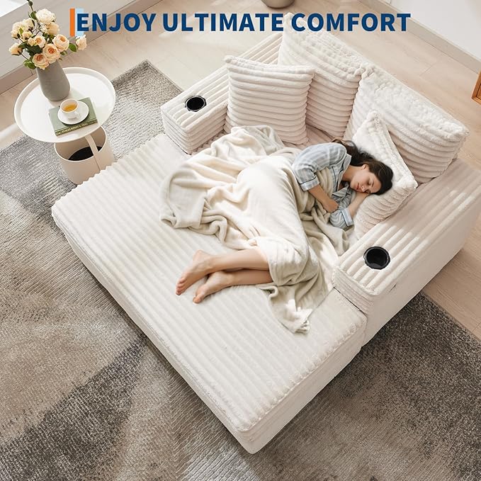 GarveeHome 60-inchOversized Chaise Lounge Chair Indoor, Comfy Corduroy Lounge Sofa with Charging Station, Cup Holders & Throw Pillows, Cozy Sleeper Couch for Living Room Apartments, Beige GarveeHome