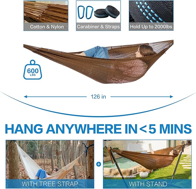 PNAEUT Handwoven Mayan Hammock, Thick Soft Rope Double Hammock for Outdoor Outside & Indoor, 600 lbs Capacity Heavy-Duty, Includes Tree Straps, Carabiners & Carrying Bag (Desert, X-Large) PNAEUT