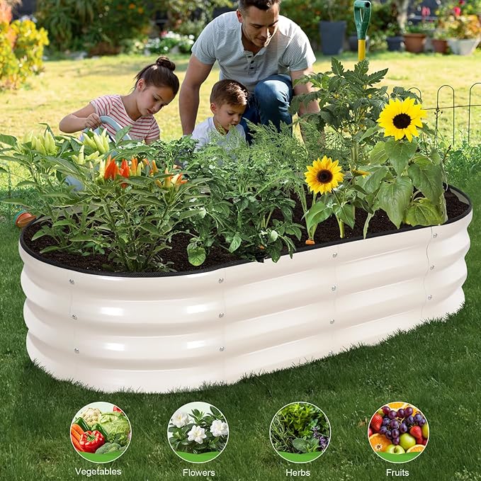 Galvanized Raised Garden Bed Outdoor - 4×2×1ft Planter Raised Beds for Gardening | Oval Metal Garden Planter Box with Safety Edging and Gloves for Vegetables Fruits and Flowers - White BIRDSINYARD