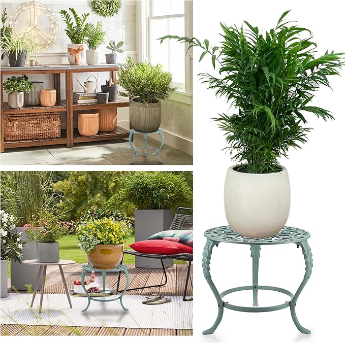 OwnMy Heavy Duty Cast Iron Plant Stand Vintage Wrought Iron Flower Pot Holder, Indoor Outdoor Large Plant Stand for Home Garden Patio, Decorative Round Potted Plant Holder Rack, Green OwnMy