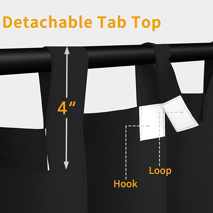 Easy-Going Outdoor Patio Curtains Detachable Tab Top Windproof Weatherproof Curtain for Cabana, Porch, Pergola and Gazebo, Tab Bottom Drape, 2 Panels, 110W x 120L inch, Black Easy-Going