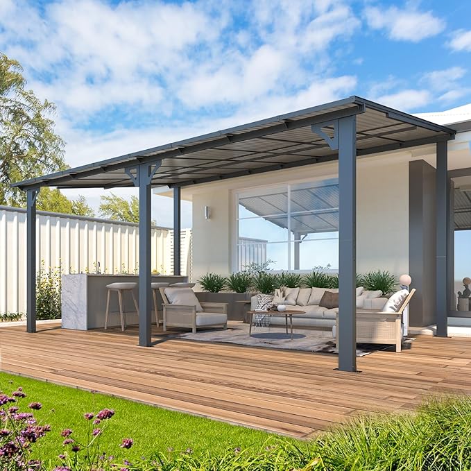 AECOJOY 16' x 10' Gazebo Outdoor Pergola, 10x16 Large Wall-Mounted Hardtop Lean to Metal Gazebo Shelter Pergolas and Gazebos Clearance with Patio Roof, Heavy Duty Awnings for Backyard, Decks AECOJOY