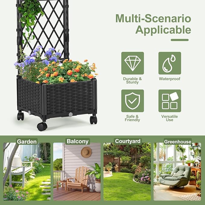 Planter Box with Trellis, 4ft Tall Self-Watering Plastic Raised Garden Beds and Lattice Trellis with Lockable Wheels & Drain Plug for Outdoor Patio Backyard Balcony, Black, 1 Pc follook