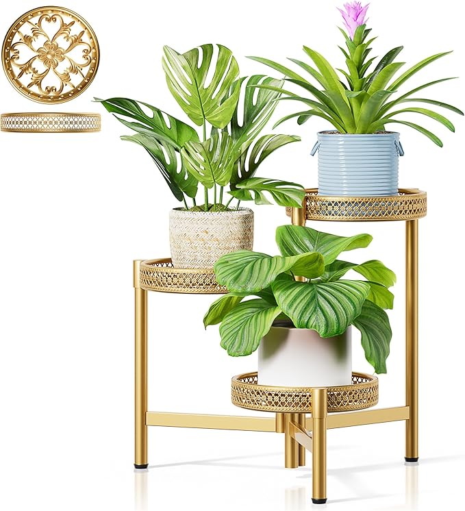 Metal Plant Stand Indoor Outdoor, 3 Tier Corner Tall Plant Shelf for Multiple Plants, Tiered Plant Stand, Heavy Duty Flower Holder, Folding Tall Rack for Garden Patio Balcony - GoldWave Rootora
