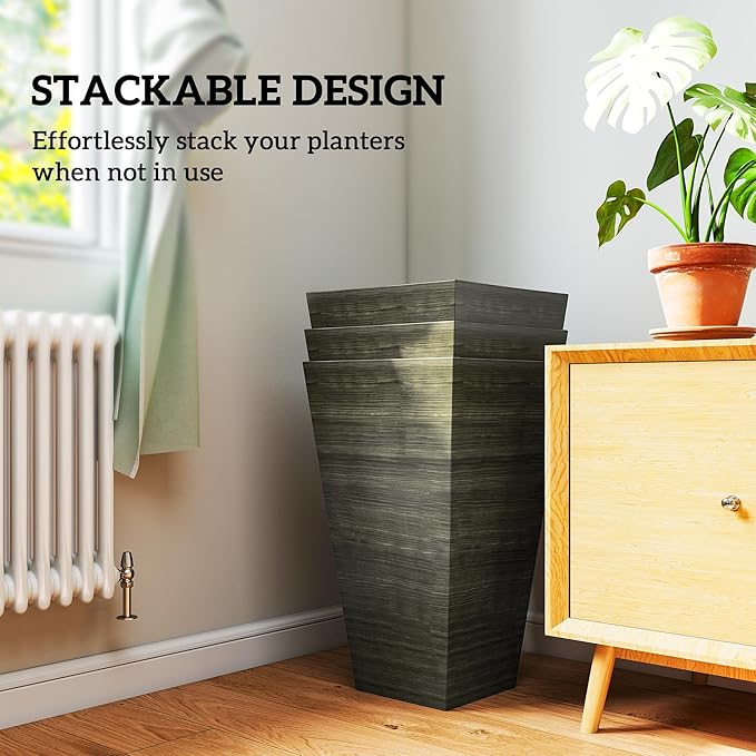 Outsunny Tall Planter for Outdoor Plants Set of 3, 28 Inch Taper Planter with Drainage Holes, Wood Grain Decor Garden Pot for Indoor Outdoor Porch Patio Backyard, Dark Brown Outsunny