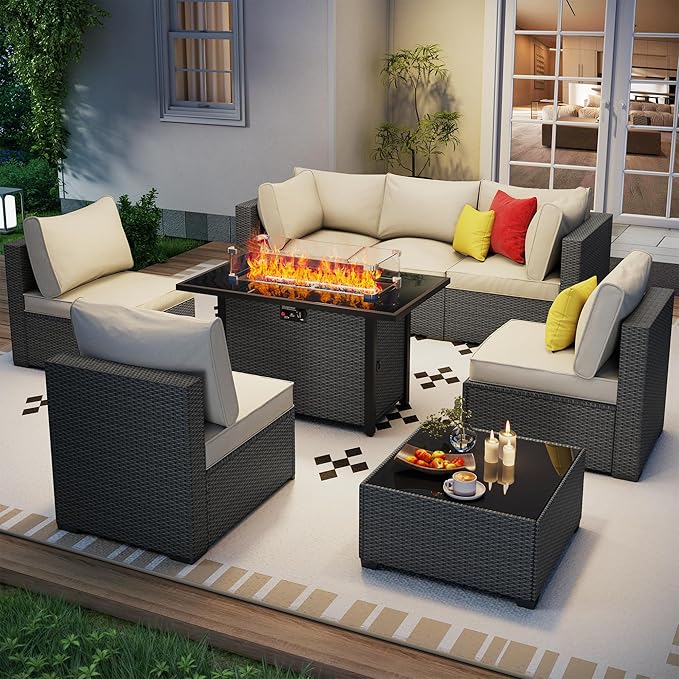 Outdoor Patio Furniture Set with 43'' Fire Pit Table, 8 Pcs Outdoor Patio Furniture Conversation Sets with 4in Thicken Cushion, Wicker Outdoor Sectional for Backyard, Garden, Balcony,Deck,Coffee/Beige Olimix