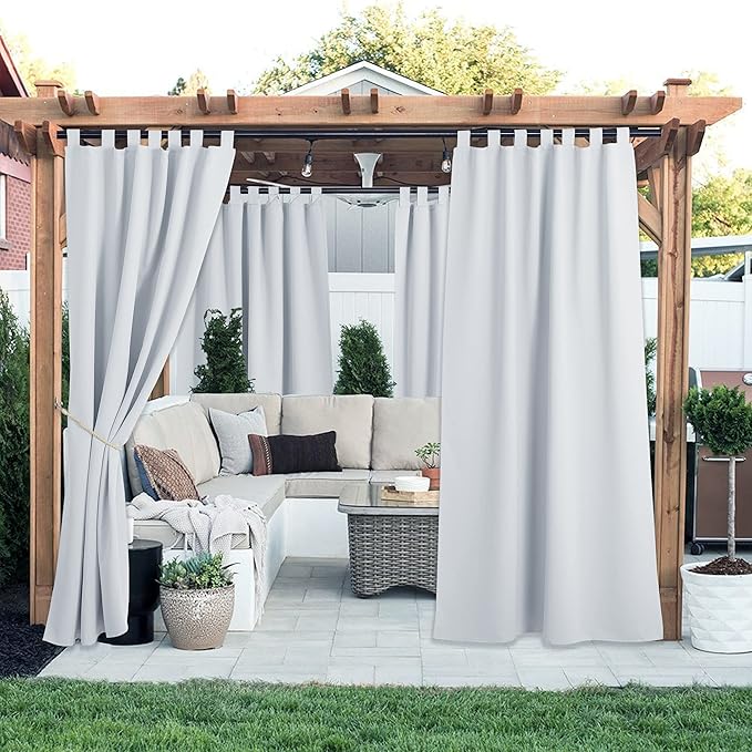 NICETOWN 2 Pieces Outdoor Patio Curtains Waterproof with Self-Stick Tab Top for Patio, Room Darkening Outdoor Living Divider Vertical Drape Privacy Protect for Yard/Cabana, W52 x L108, Greyish White NICETOWN