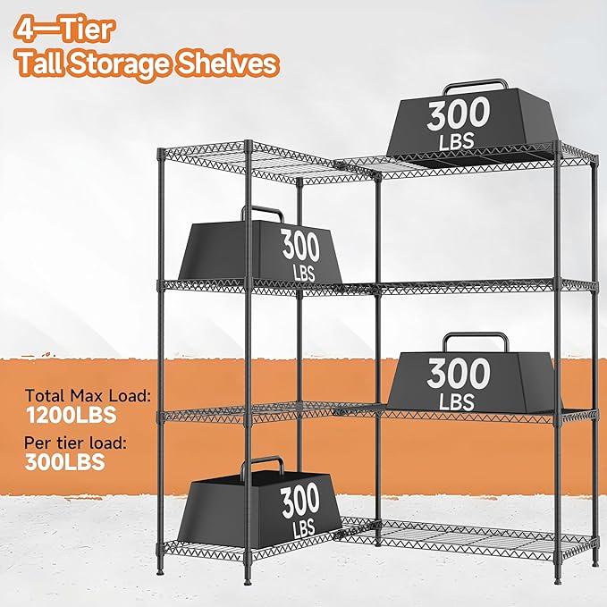 4 Tiers Storage Shelves Load 1200LBS, Metal Shelving Wire Metal Shelving Unit Shelves for Storage Adjustable Garage Shelving for Pantry Kitchen Garage Black 15.8" D x 33.5" W x 59.5" H MEIGAOPLASTICANDMETALHKCOLIMITED
