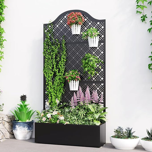 Metal Raised Garden Bed with Trellis & Privacy Screen - 83"x40"x11.8" Freestanding Planter Box for Patio Balcony, Modern Planter with Drainage Holes for Climbing Plants, Flowers & Vegetable XOCUWU