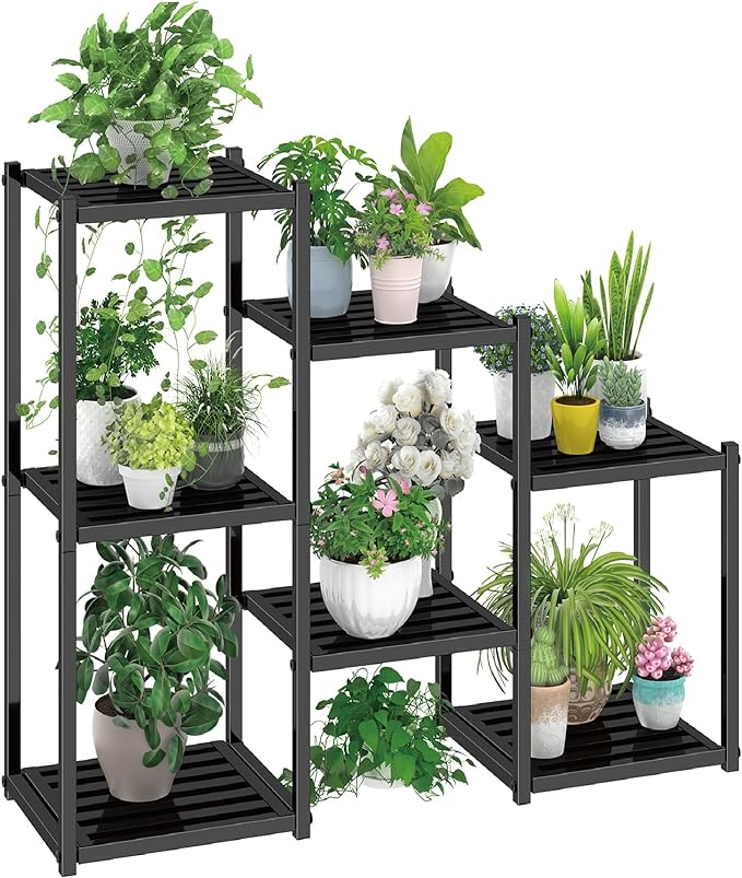 Simple Trending Plant Stand Indoor Outdoor, Heavy Duty Metal Waterproof 7 Tiered Plant Shelf for Multiple Flower Planter Holder Tall Large Rack, Black SimpleTrending