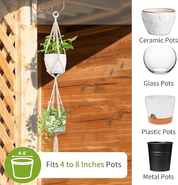 Macrame Plant Hanger - Fits 4 to 8 inches Pots for Indoor Outdoor, 49"/72" 2 Sizes Set, Ivory (POTS NOT Included) IDEEEPAN