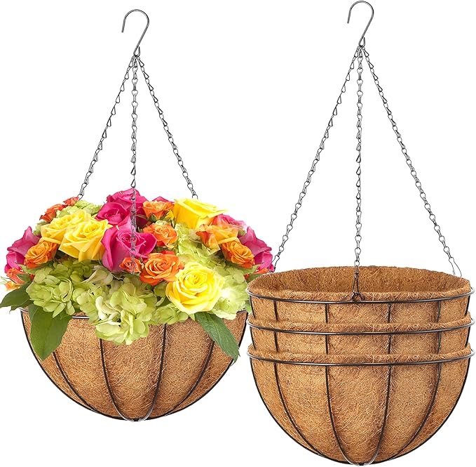 Hanging Baskets Planter for Plants - 4 Pack 14 Inch Metal Baskets with Coco Coir Liner, Hanging Flower Pots for Outside with Chain, Indoor Outdoor Garden Porch Decoration (14'' Pack of 4) LCHUANG