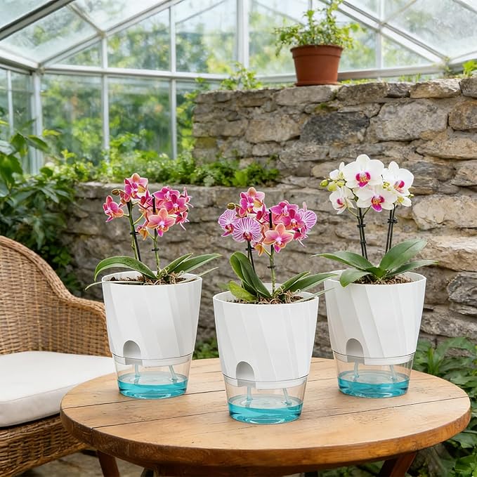 KIMCHOMERSE Self Watering Plant Pots, 4.7 Inch Plant Pots 3 Pack Indoor Planter Pots with Drainage Holes and Tray for Home Decor（White, Pink, Blue） KIMCHOMERSE