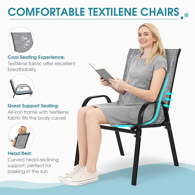 Outdoor Stackable Chairs Set of 4, Stacking Patio Chairs with Textilene Fabric, Outside Furniture for Garden Backyard Balconie Poolside Deck, Grey Villeston