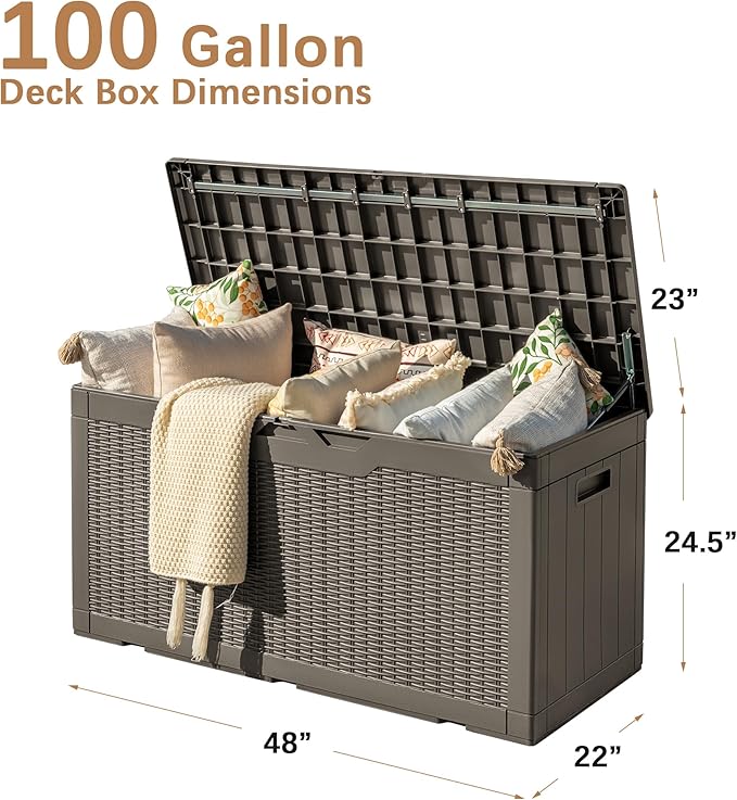Devoko 97 Gallon Deck Box, Waterproof Resin Outdoor Storage Box for Outside and Patio, Large Outdoor Storage Bench Cabinet Lockable for Patio Furniture, Garden Tools and Pool Supplies (Brown) DEVOKO