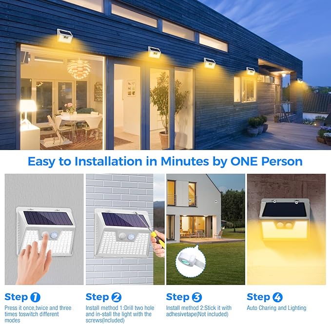 Peasur Solar Lights Outdoor Motion Sensor Waterproof, 6Pack 140LED White Solar Powered Fence Lights, 3 Modes Security Wall Lights for Garden Yard Outside Warm Peasur