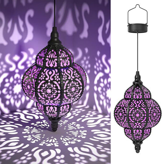 Hanging Solar Lights Outdoor Garden Decor Solar Lantern Waterproof Plastic Moroccan Outdoor Decorations for Patio Pathway Yard Backyard Garden Decorative (1, Purple) Hapjoy