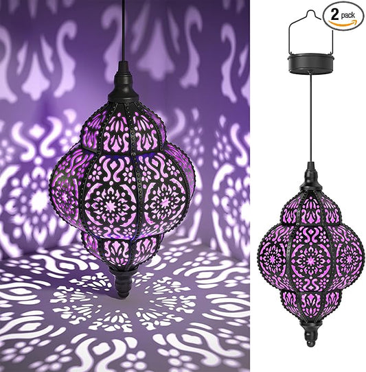 Hanging Solar Lights Outdoor Garden Decor Solar Lantern Waterproof Plastic Moroccan Outdoor Decorations for Patio Pathway Yard Backyard Garden Decorative (2, Purple) Hapjoy