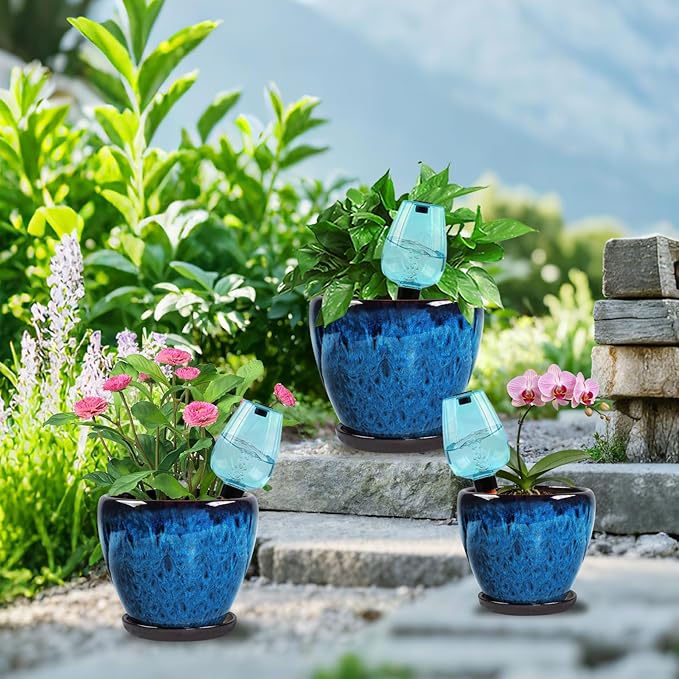 Ceramic Pots for Plant with Self Watering Globes, 6 inch Planters for Indoor Plants with Saucer, Glaze Flower Pots Outdoor with Drainage Holes, Decorative Garden Pots Xoogifae