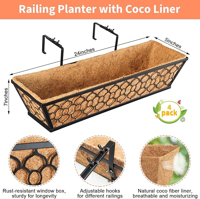 Riare 4 Pack 23 Inch Window Boxes Planters with Coco Liner, Metal Deck Railing Planter Boxes, Balcony Planters Railing Hanging, Horse Trough Window Flower Planter Boxes for Outdoor Porch Fence Patio Riare