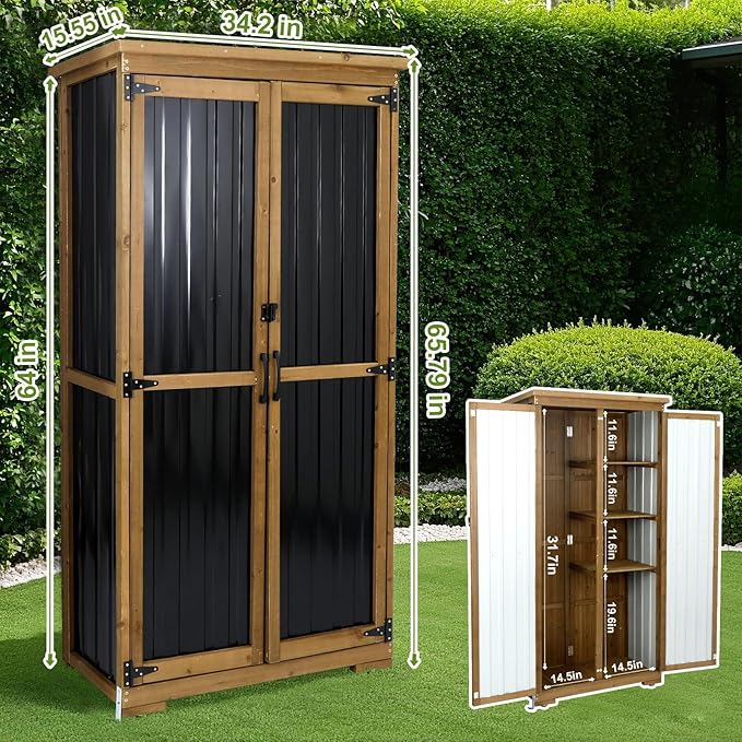 Outdoor Storage Cabinet with Shelf, Wood & Metal Storage Shed with Waterproof Roof & Lockable Doors,Tall Outdoor Cabinets for Patio Backyard, Gardening Tools and Accessories, Brown MAGAZOOPET