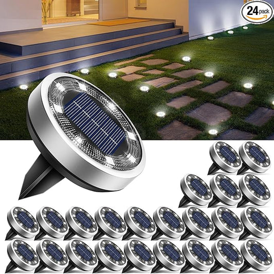 btfarm 24 Pack Solar Lights Outdoor, 8 LED Solar Ground Lights IP65 Waterproof Flat Solar Disc Light, Pathway Lights for Garden Lawn Patio Yard Path Landscape, Cool White btfarmdecorativelighting