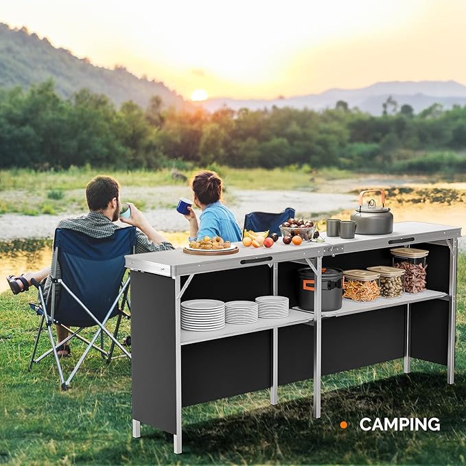 VINGLI 78" Portable Bar Table, 2-Tier Shelves, Mobile Bar Table for Events, Party, Camping, Picnic, Tradeshow, Indoor with Black Skirt VINGLI
