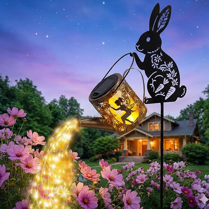 Solar Watering Can Light with Bunny Silhouette Stake & Fairy Design - Cascading LED String Light for Garden Yard Patio Decor, IP65 Waterproof Outdoor Gift for Mom, Women, Birthday, Housewarming Tremdwoto