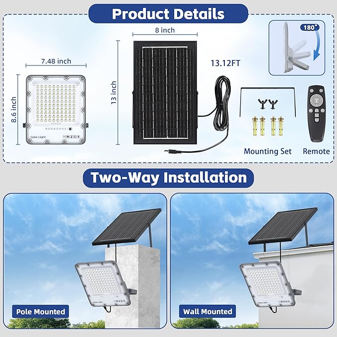 200W Solar Flood Light Outdoor 40000LM 6500K LED Solar Street Light with Remote, IP66 Waterproof Dusk to Dawn Outdoor Security Lighting, 13FT Cable Splitted Solar Powered Lamp for Parking Lot Garage IlluminateYourWorld