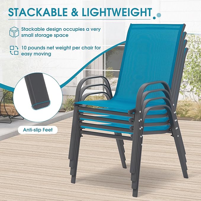 Outdoor Stackable Chairs Set of 4, Stacking Patio Chairs with Textilene Fabric, Outside Furniture for Garden Backyard Balconie Poolside Deck, Blue Villeston