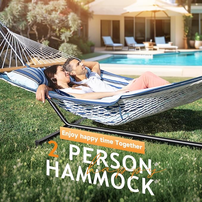 2 Person Outdoor Hammock with Stand, Cotton Rope Hammock with Polyester Pad, Adjustable Steel Frame, Portable with Carrying Bag – for Patio, Backyard, Garden, Beach, Blue Rootora