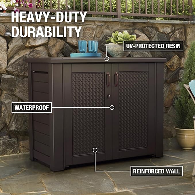 Rubbermaid Decorative Outdoor Storage Cabinet (123 Gal), Weather Resistant, Brown, Organization for Home/Backyard/Pool Chemicals/Toys/Garden Tools/Porch/Patio Cushions Rubbermaid